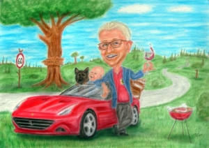 Pensionist mit Enkerl., Hund und Ferrari bei einer kleinen Pause - Pensionsgeschenk