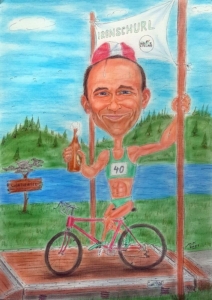 Karikatur in Farbe - Ironman im Ziel - Geschenk zum vierzigsten Geburtstag
