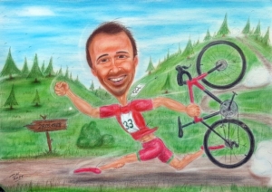 Triathlet mit seinem Fahrrad - Geschenk-Karikatur - Geburtstag