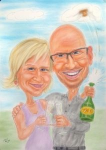 Paar mit Sektflasche feiert Geburtstag - Geschenk-Karikatur