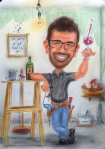 Heimwerker goennt sich eine Pause mit einem Glas Wein - Geschenk in Form einer Farb-Karikatur