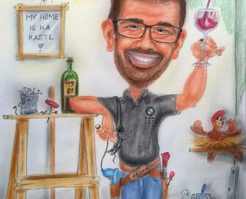 Heimwerker goennt sich eine Pause mit einem Glas Wein - Geschenk in Form einer Farb-Karikatur